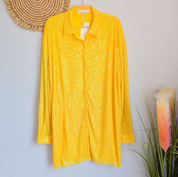 Anthropologie New Flat White Yellow Sequin Tunic Button Front Shirt Dress XL - Picture 2 of 12